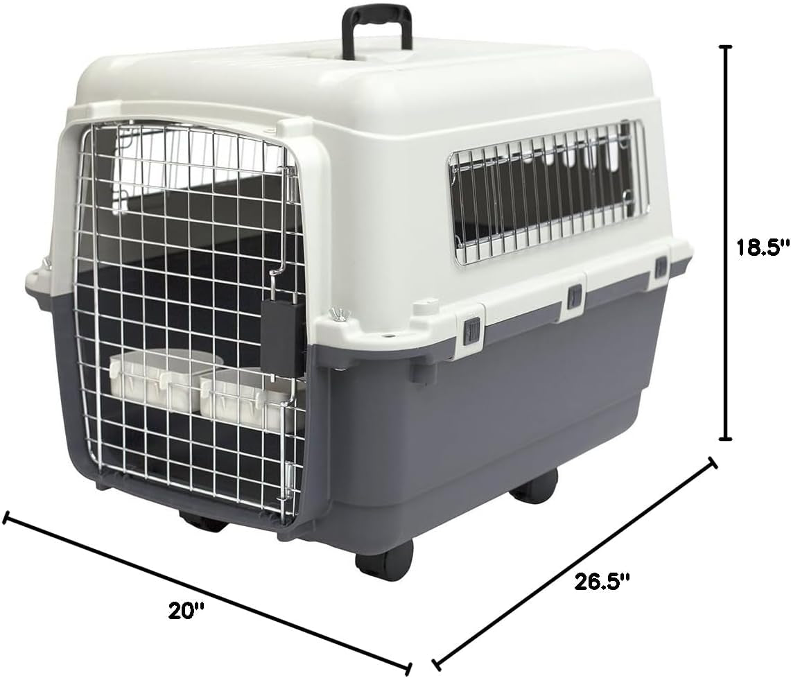 Plastic Kennels Rolling Plastic Wire Door Travel Dog Crate - Medium, Gray (CM-2001-CS01)