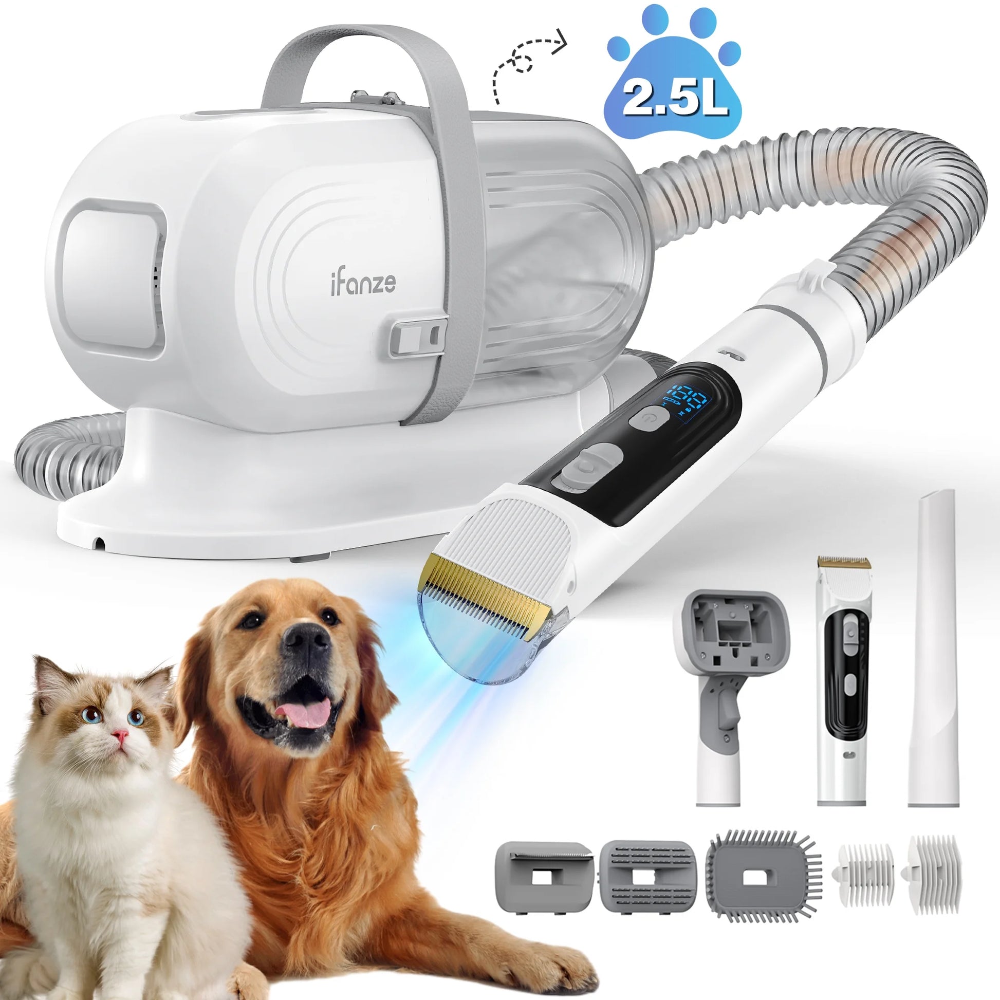 Dog Grooming Kit & Vacuum, 2.5L Pet Hair Vacuum Suction 99% Pet Hair,3 Modes Suction Dog Grooming Clipper Kit,5 Pet Groomer Tools,Low Noise Pet Shedding Vacuum for Dogs Cats,White