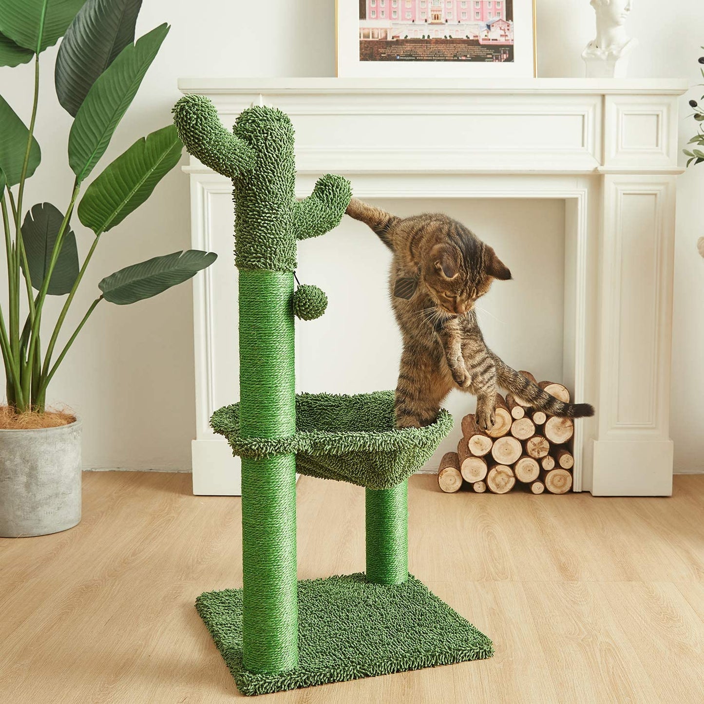 35 Inches Cactus Cat Tree with Hammock and Full Wrapped Sisal Scratching Post for Cats