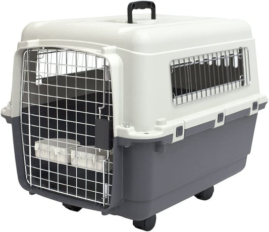 Plastic Kennels Rolling Plastic Wire Door Travel Dog Crate - Medium, Gray (CM-2001-CS01)